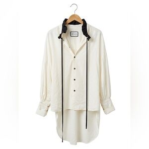 SIP CLASS White Tencel High Low Tunic Blouse Black Ruffle Collar Tie Neck L
